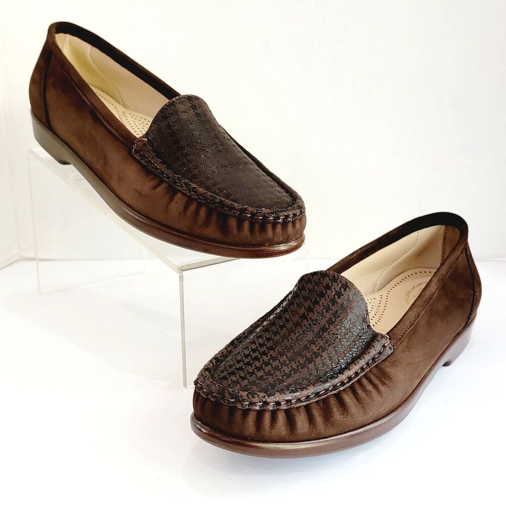 SAS Simplify Brown Tetris Nubuck Leather Loafers Women's 10 N Houndstooth Flats